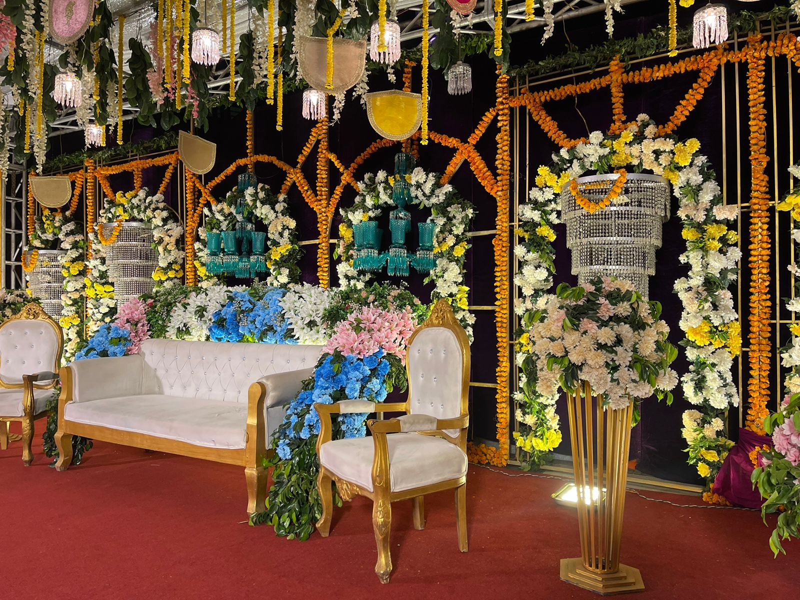 Bridal mehndi decor with marigold flowers